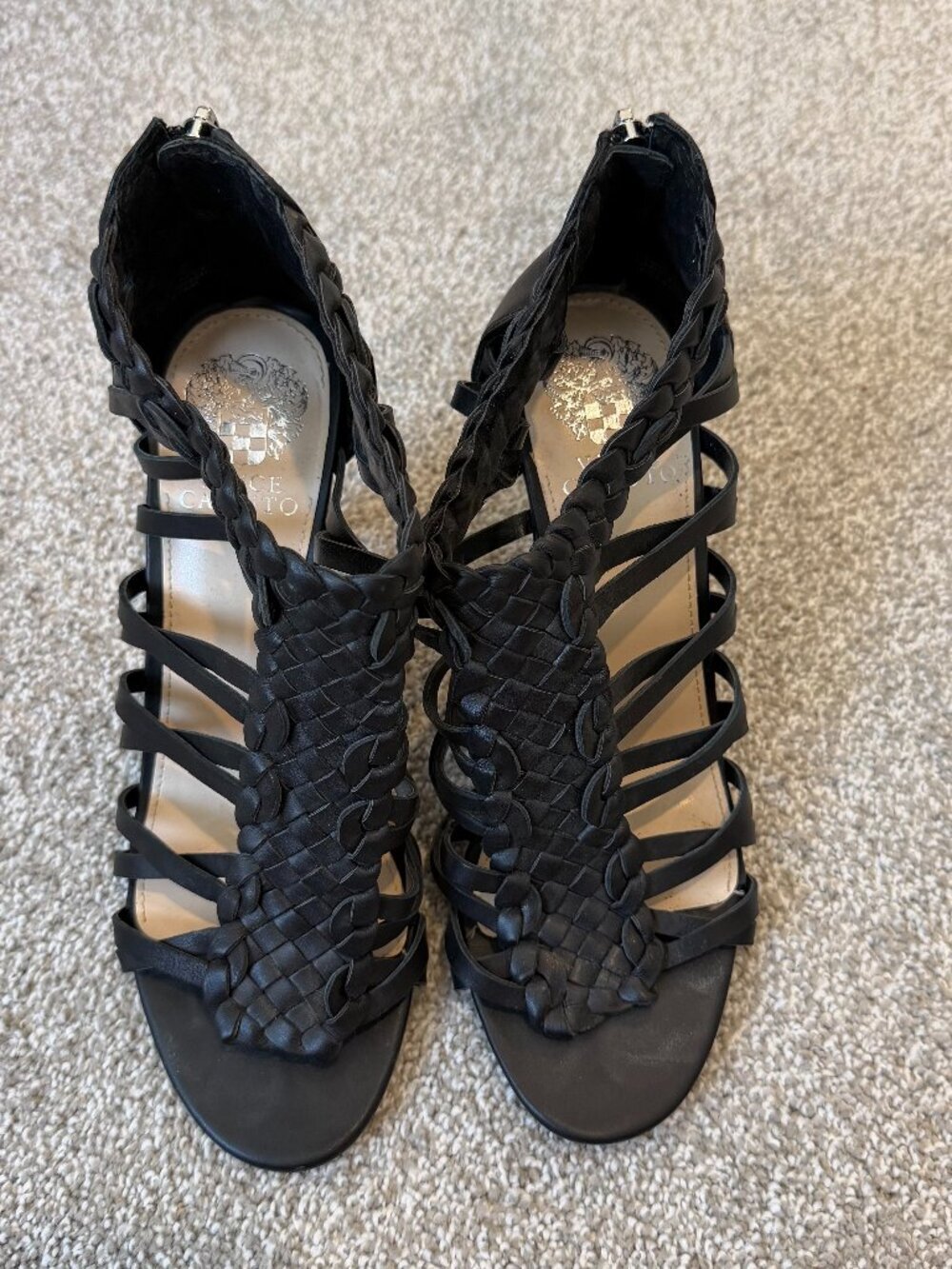 Vince Camuto Black Leather Woven Gladiator Heeled Sandals Back Zip Size 9